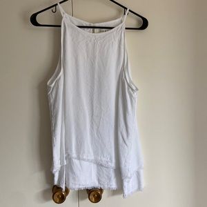 Cloth & Stone White High-Neck Tank with Frayed Layered Hem